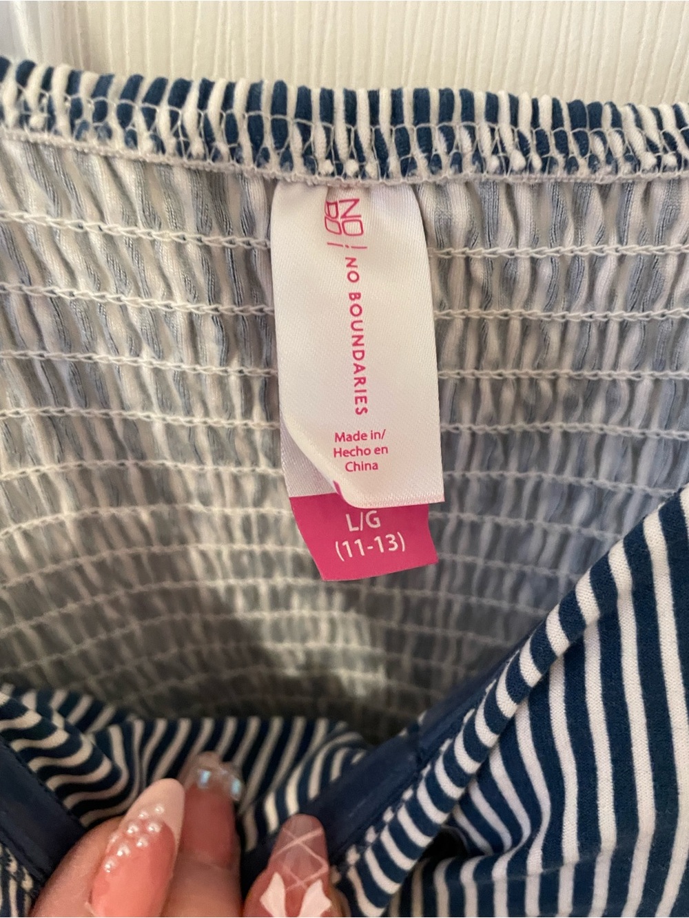 Navy Stripe Top with Floral Hem - Picture 2 of 3